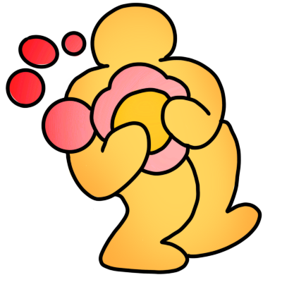 a curled up yellow figure with a pink gradient thought bubble going their chest, which has a yellow circle in it.